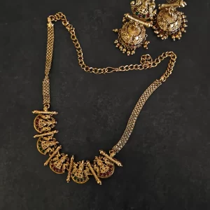 Antique Gold Temple Necklace Set with Goddess Motifs & Jhumkas – Swaksha Jewels