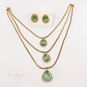 Layered Green Stone Necklace Set with Earrings – Gold-Tone Jewelry by Swaksha