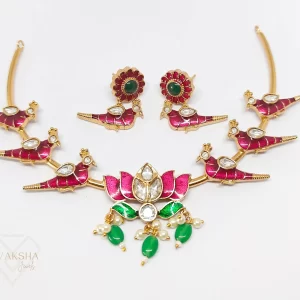Enamel Peacock & Lotus Necklace Set with Kundan Stones – Swaksha Jewels