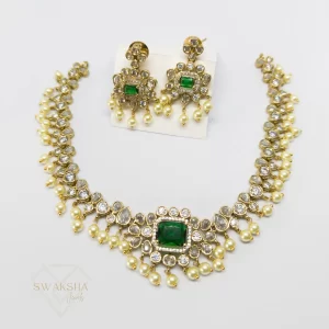 Green Stone Kundan Pearl Choker Necklace Set with Earrings
