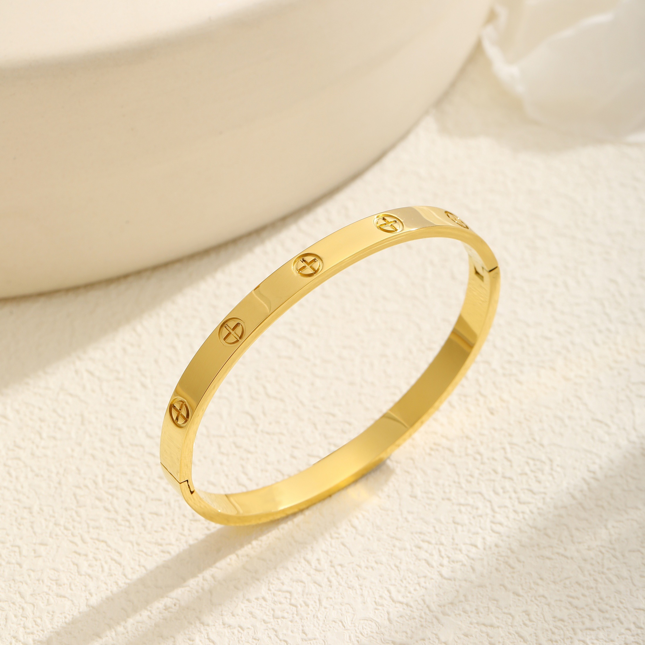 18K Gold Plated Titanium Steel Bangle | Cross Heart Flower Design