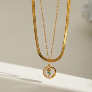 18K Gold Plated Geometric Flower Double Layer Necklace: