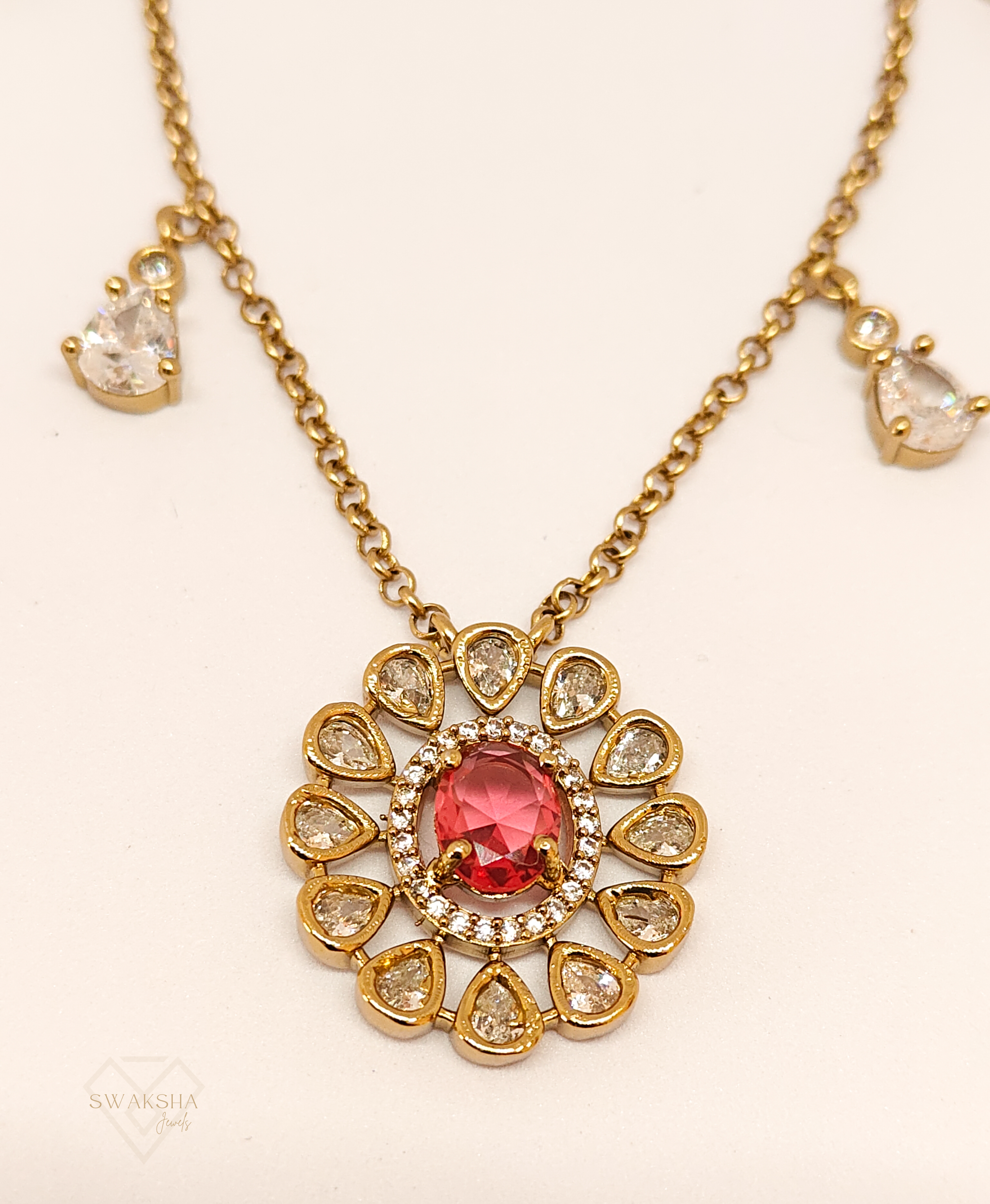 Red Kundan tear drop pendant necklace set - The Festive Layer by Swaksha